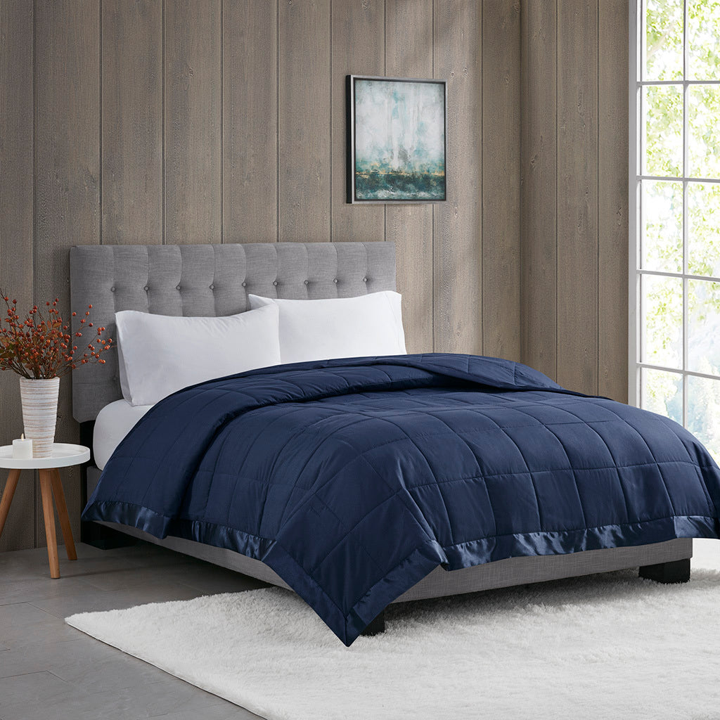 Lightweight Down Alternative Blanket With Satin Trim Navy Polyester