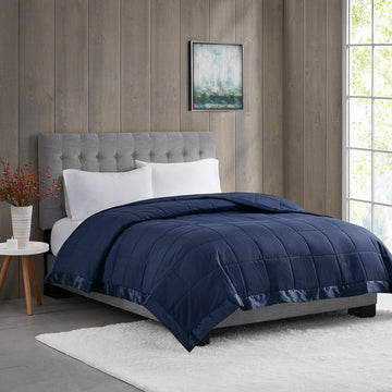 Lightweight Down Alternative Blanket With Satin Trim Navy Polyester