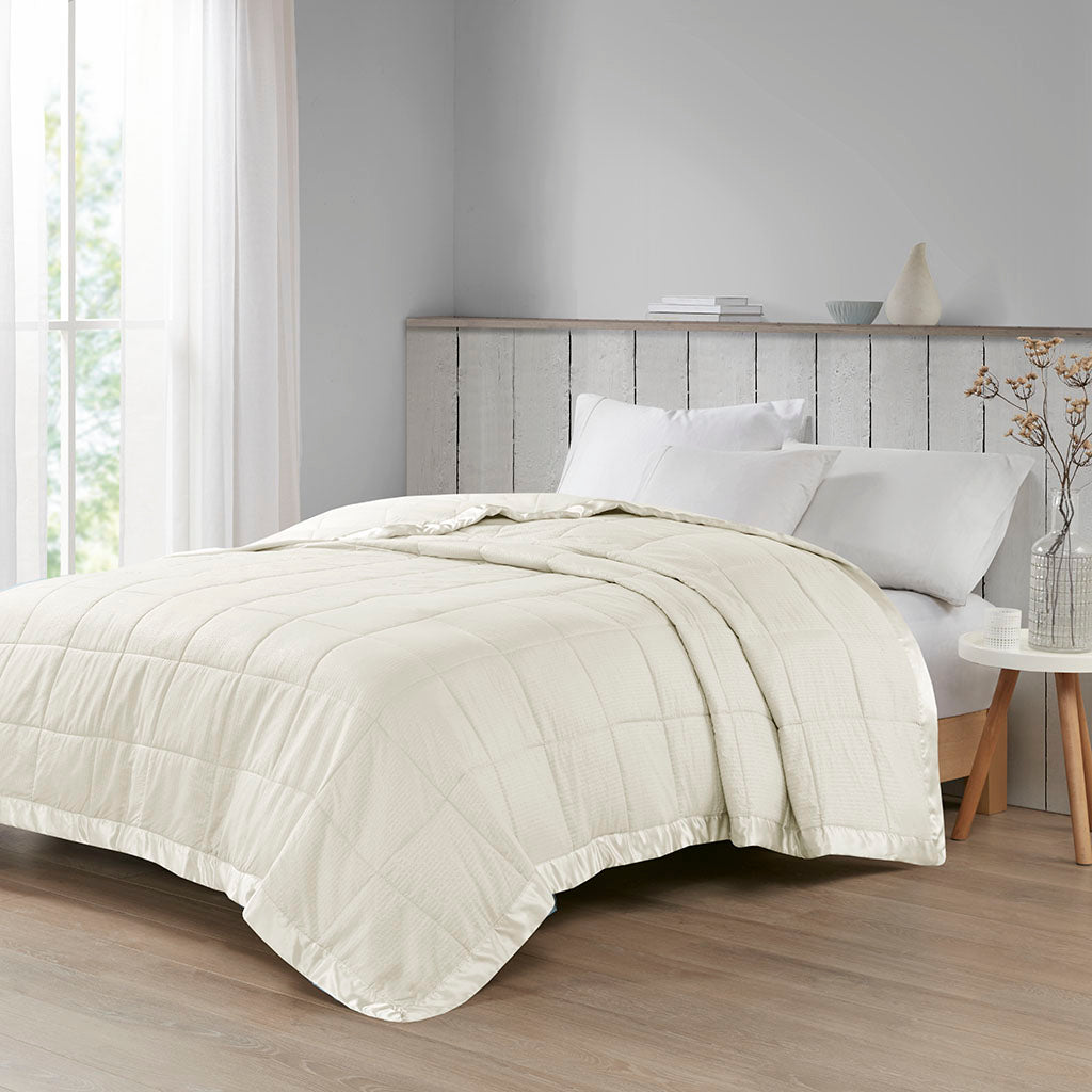 Oversized Down Alternative Blanket With Satin Trim Ivory Polyester