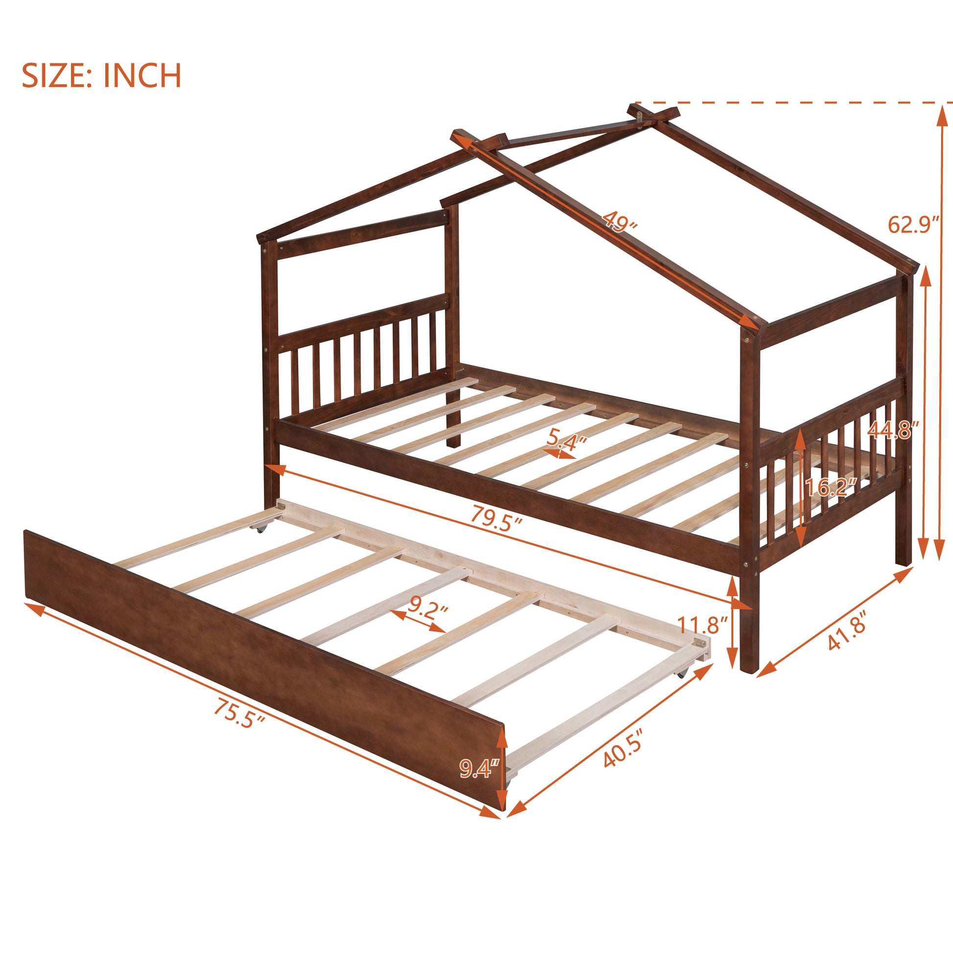 Twin Size Wooden House Bed With Twin Size Trundle, Walnut Walnut Solid Wood