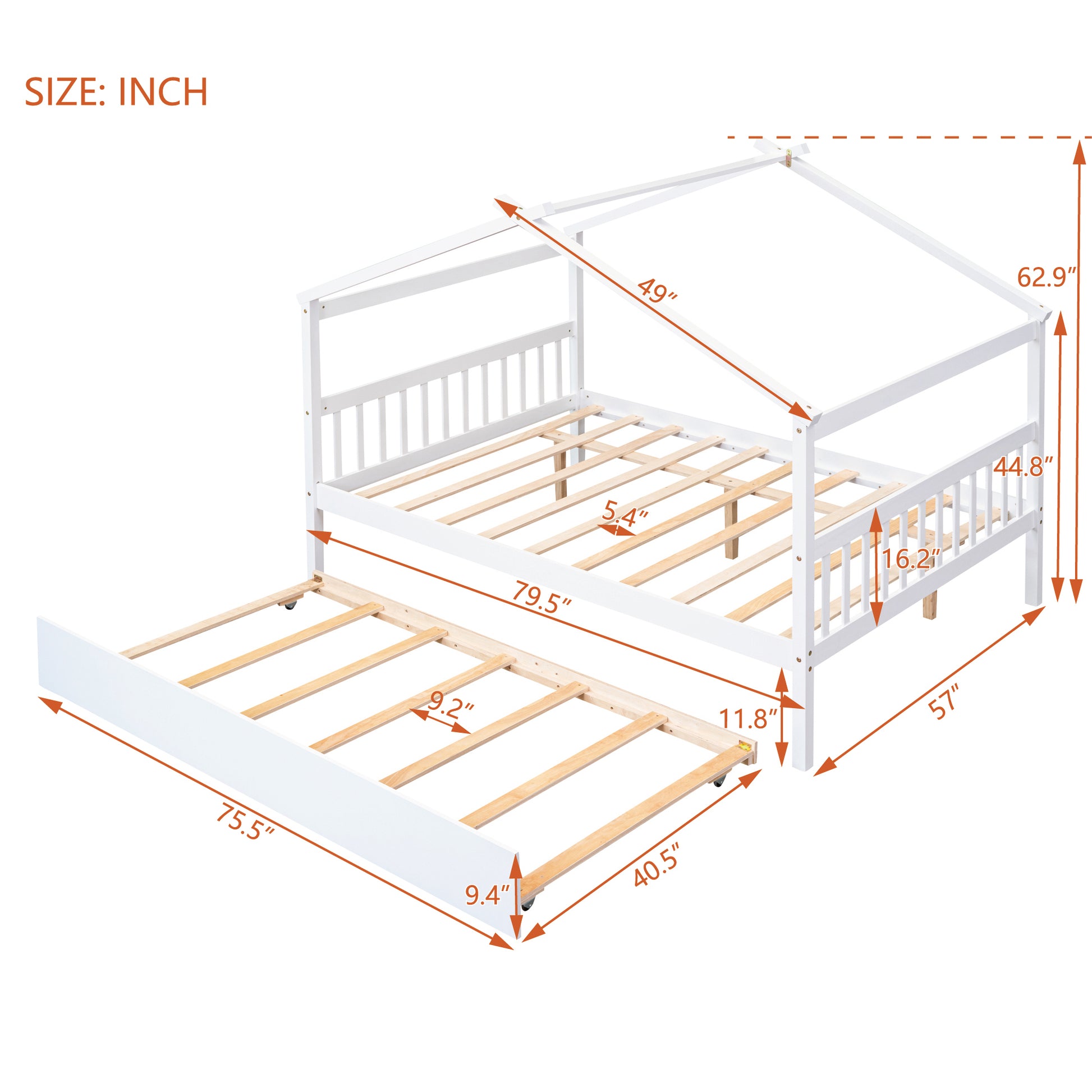 Full Size Wooden House Bed With Twin Size Trundle, White White Solid Wood