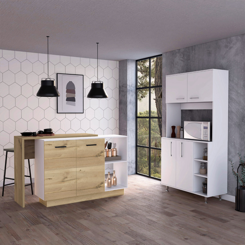 Dorchester 6 Shelf 6 Door 2 Piece Kitchen Set, Kitchen Island And Pantry Cabinet White And Light Oak White Mdf