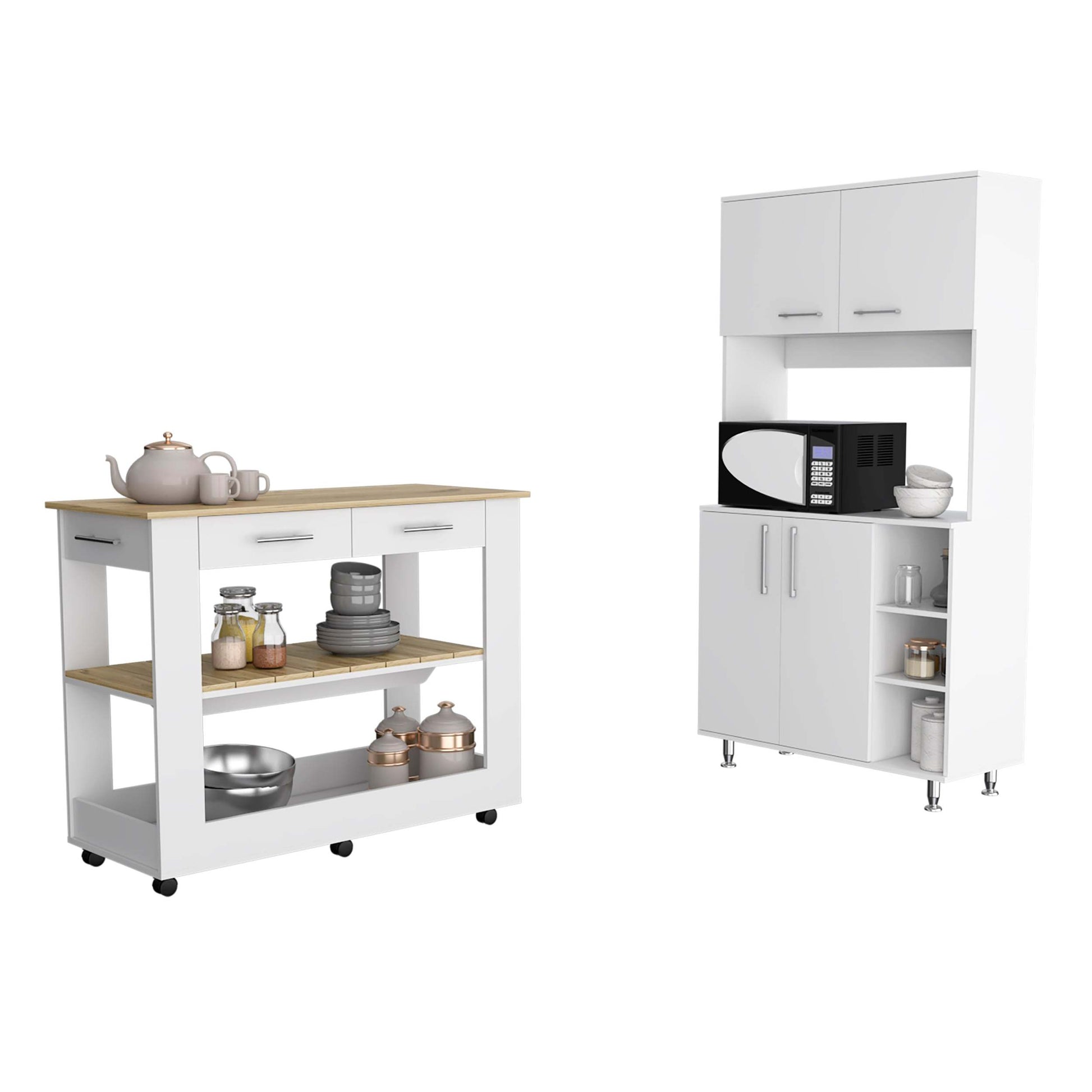 Nadina 4 Door 2 Drawer 2 Piece Kitchen Set, Kitchen Island And Kitchen Pantry White And Light Oak White Mdf