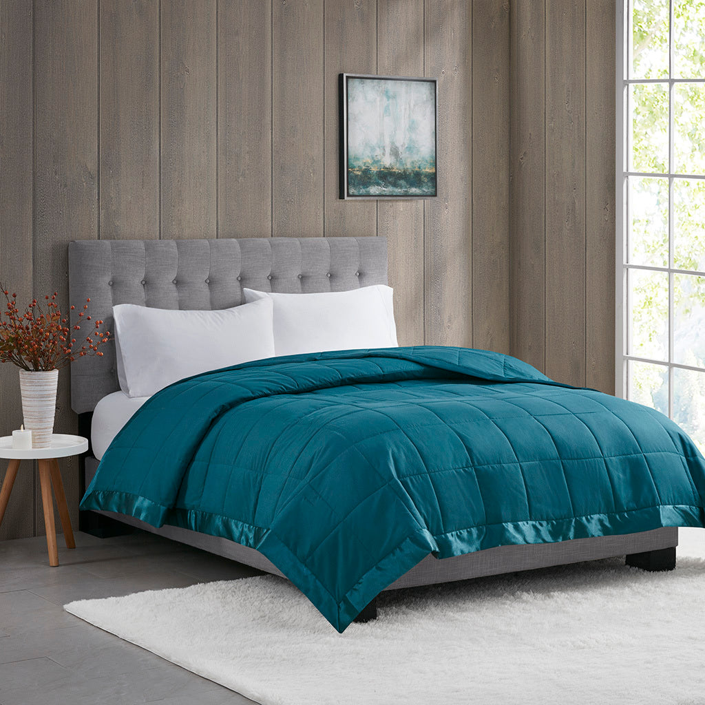 Lightweight Down Alternative Blanket With Satin Trim Teal Polyester