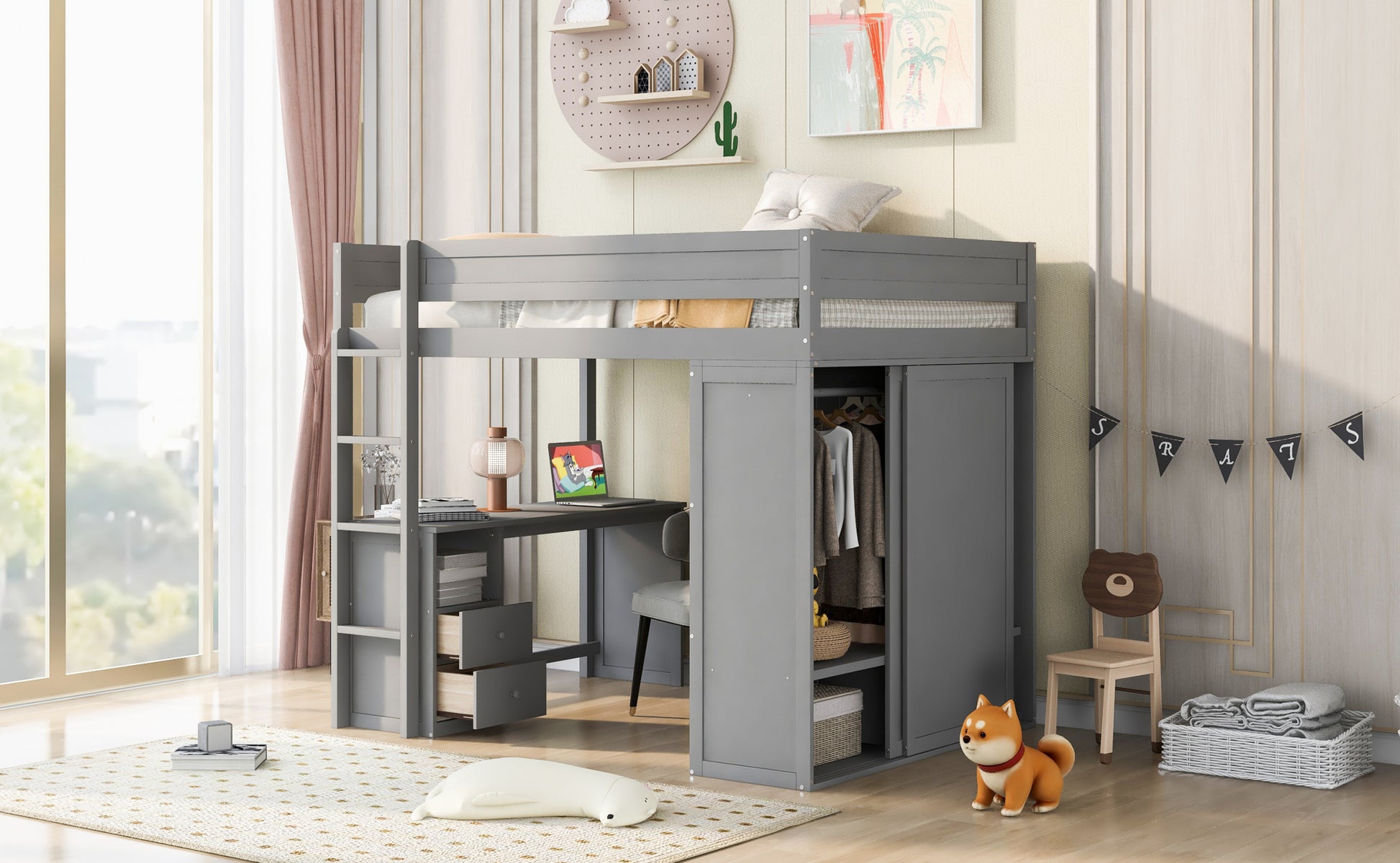 Wood Full Size Loft Bed With Wardrobes And 2 Drawer Desk With Cabinet, Gray Gray Solid Wood Mdf