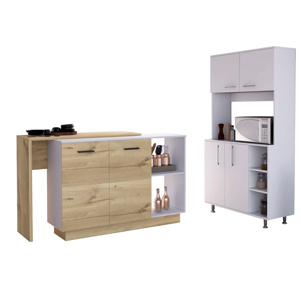 Dorchester 6 Shelf 6 Door 2 Piece Kitchen Set, Kitchen Island And Pantry Cabinet White And Light Oak White Mdf