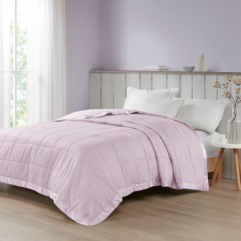 Oversized Down Alternative Blanket With Satin Trim Lilac Polyester