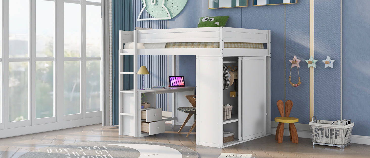 Wood Full Size Loft Bed With Wardrobes And 2 Drawer Desk With Cabinet, White White Solid Wood Mdf