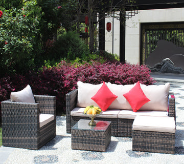 Rattan Patio Furniture Set Wicker Sofa Cushioned Sectional Furniture Set Garden Patio Sofa Set 4 Pieces, Brown Brown Rattan