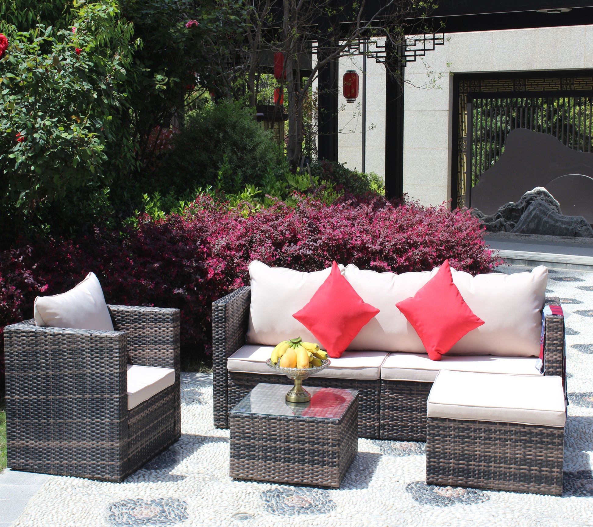 Outdoor Patio Furniture Sets 3 Piece Conversation Set Wicker Ratten Sectional Sofa With Seat Cushions Beige Cushion Brown Rattan