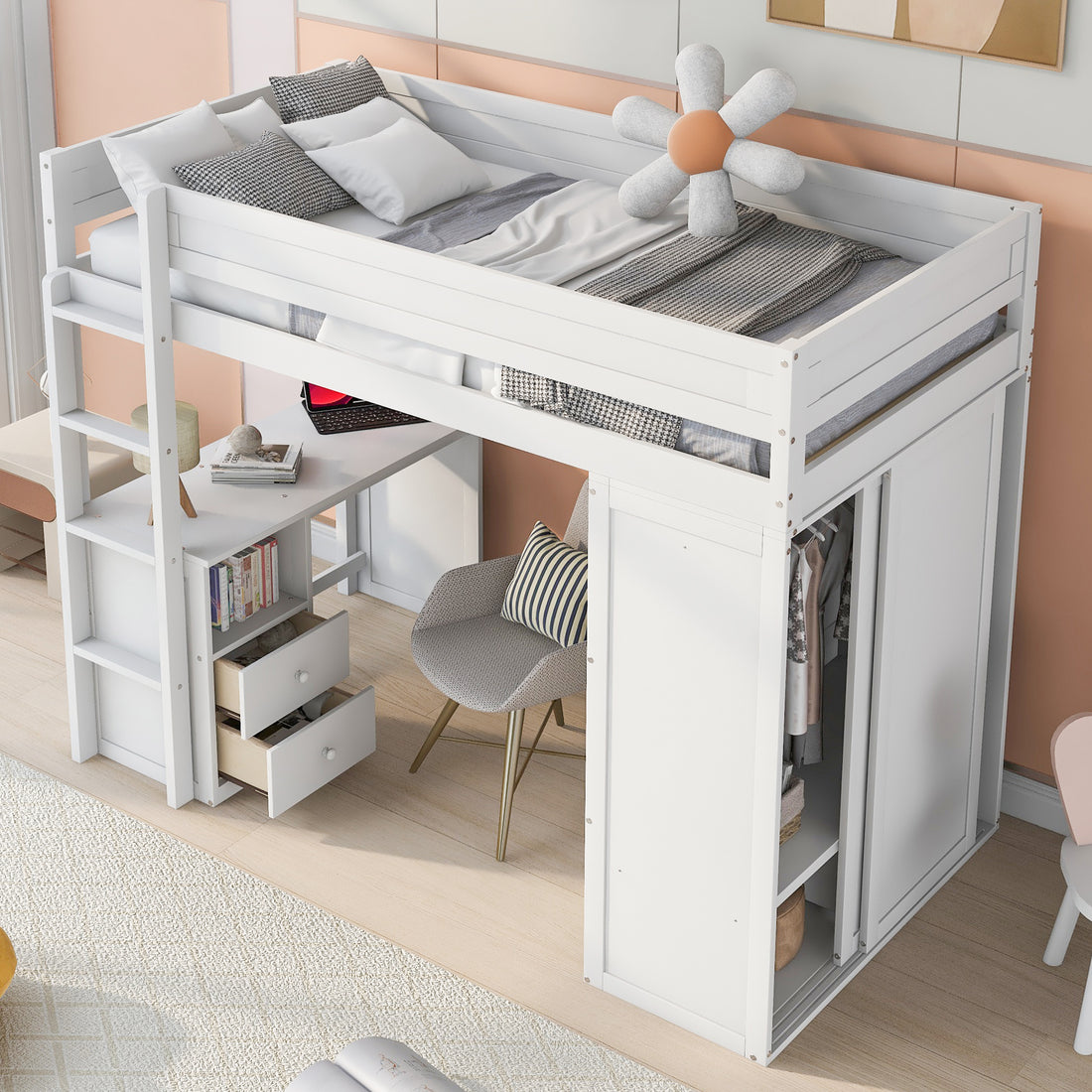 Wood Twin Size Loft Bed With Wardrobes And 2 Drawer Desk With Cabinet, White White Solid Wood Mdf