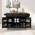 Kitchen Cart With Rubber Wood Drop Leaf Countertop ,Cabinet Door Internal Storage Racks,Kitchen Island On 5 Wheels With Storage Cabinet And 3 Drawers For Dinning Room, Black Black Mdf