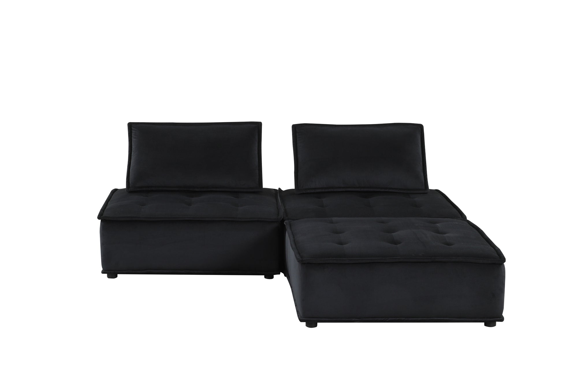 Anna 80" Black Velvet 3 Pc Sectional Sofa Ottoman Black Velvet