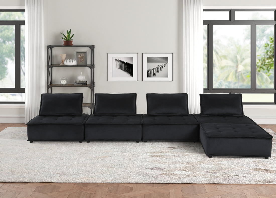 Anna 160" Black Velvet 5 Pc Sectional Sofa Ottoman Black Velvet