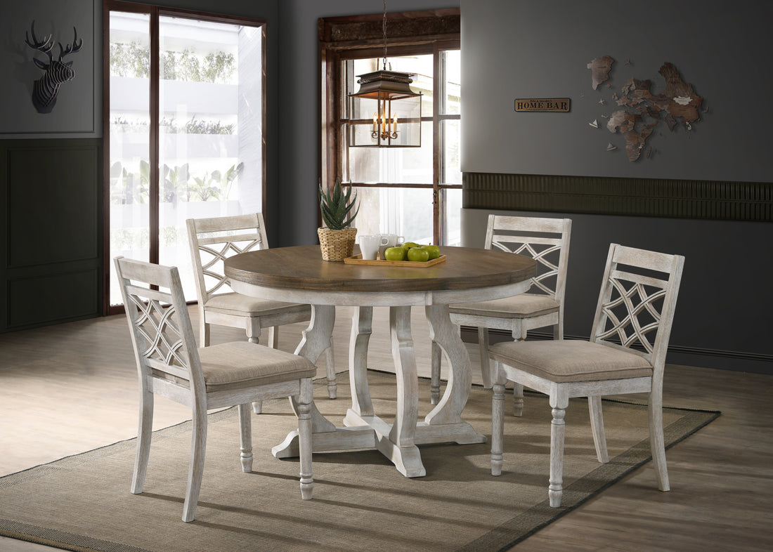 Havanna Vintage Walnut 5 Piece 47" Wide Contemporary Round Dining Table Set With Off White Fabric Chairs Off White Solid Wood Mdf