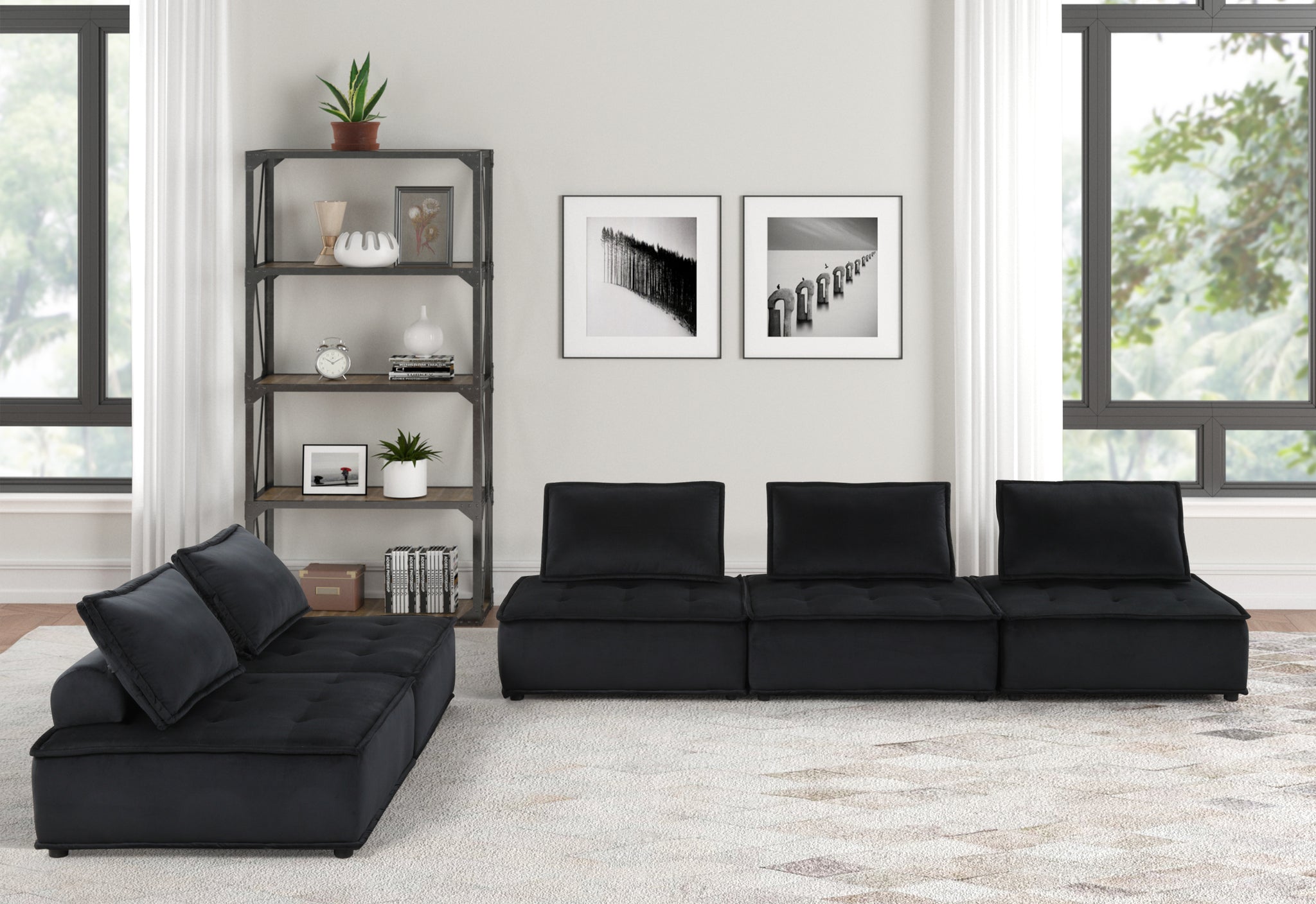 Anna 120" Black Velvet 5 Pc Sofa And Loveseat Black Velvet