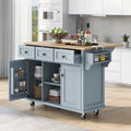 Kitchen Cart With Rubber Wood Drop Leaf Countertop ,Cabinet Door Internal Storage Racks,Kitchen Island On 5 Wheels With Storage Cabinet And 3 Drawers For Dinning Room, Grey Blue Blue Mdf