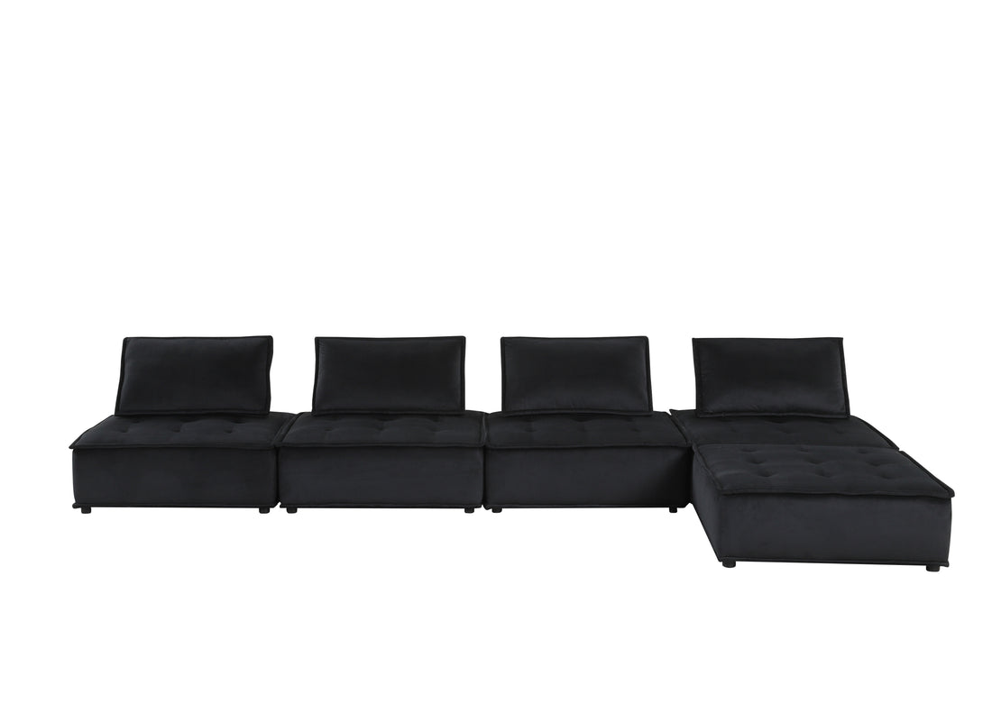 Anna 160" Black Velvet 5 Pc Sectional Sofa Ottoman Black Velvet