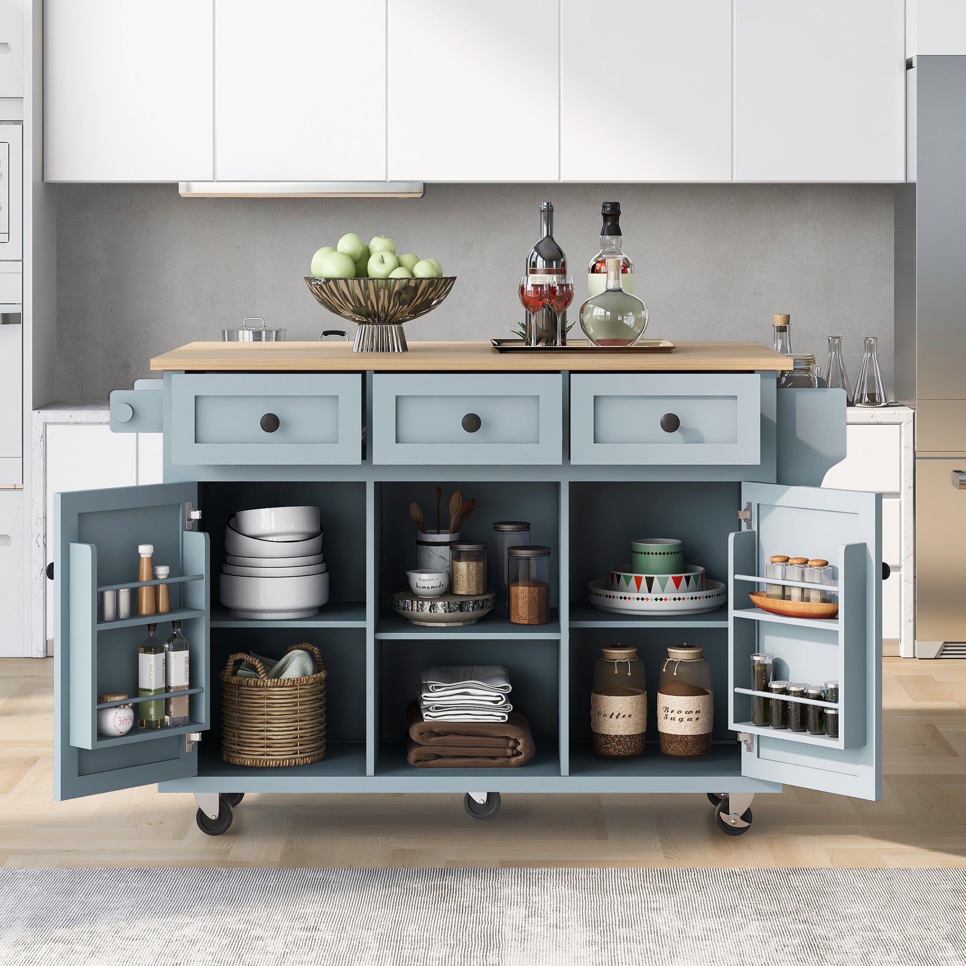 Kitchen Cart With Rubber Wood Drop Leaf Countertop ,Cabinet Door Internal Storage Racks,Kitchen Island On 5 Wheels With Storage Cabinet And 3 Drawers For Dinning Room, Grey Blue Blue Mdf