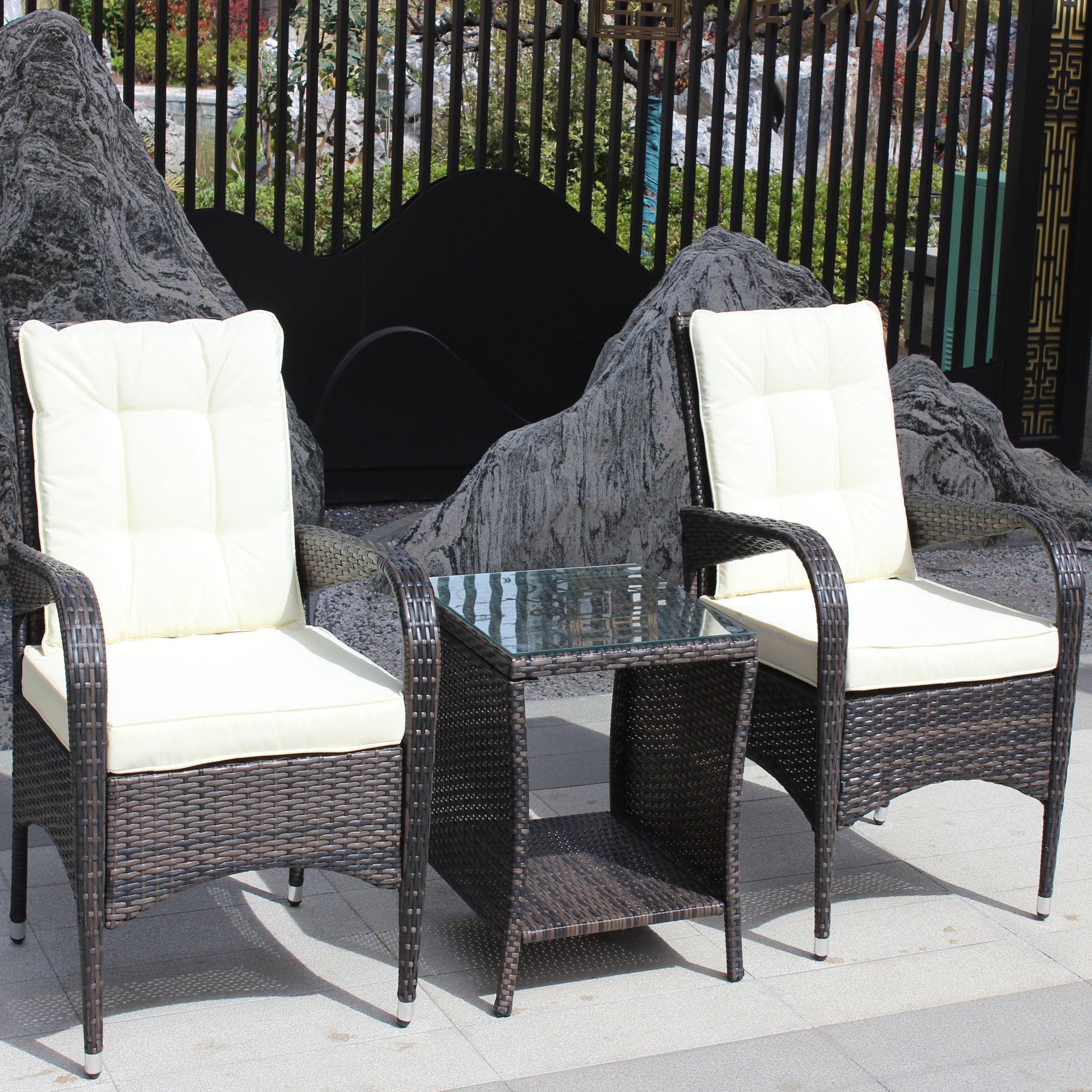 Outdoor Patio Furniture Sets 3 Piece Conversation Set Wicker Ratten Sectional Sofa With Seat Cushions Beige Cushion Brown Rattan