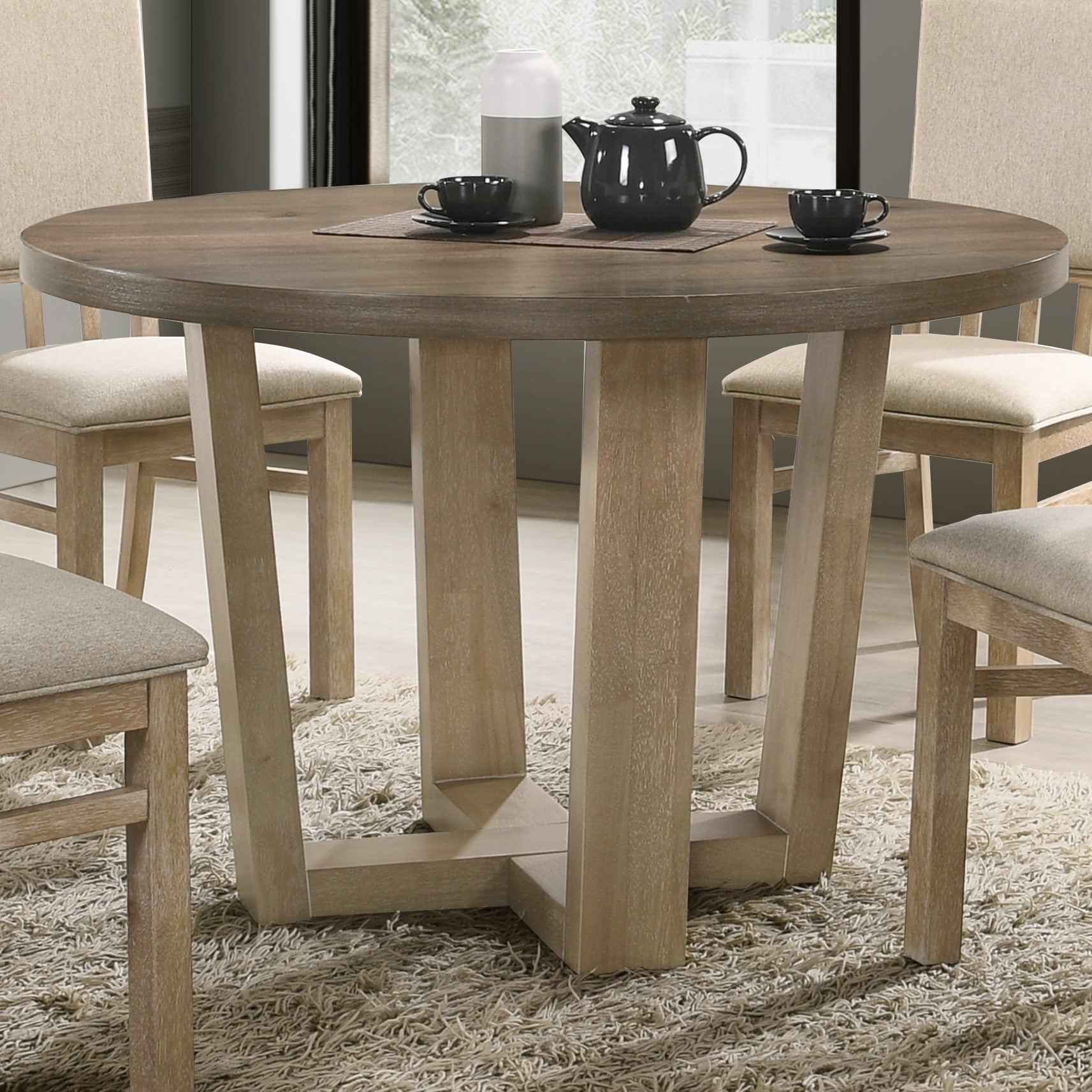 Brutus 47" Vintage Walnut 47" Wide Contemporary Round Dining Table With Wheat Colored Base Walnut Solid Wood Mdf