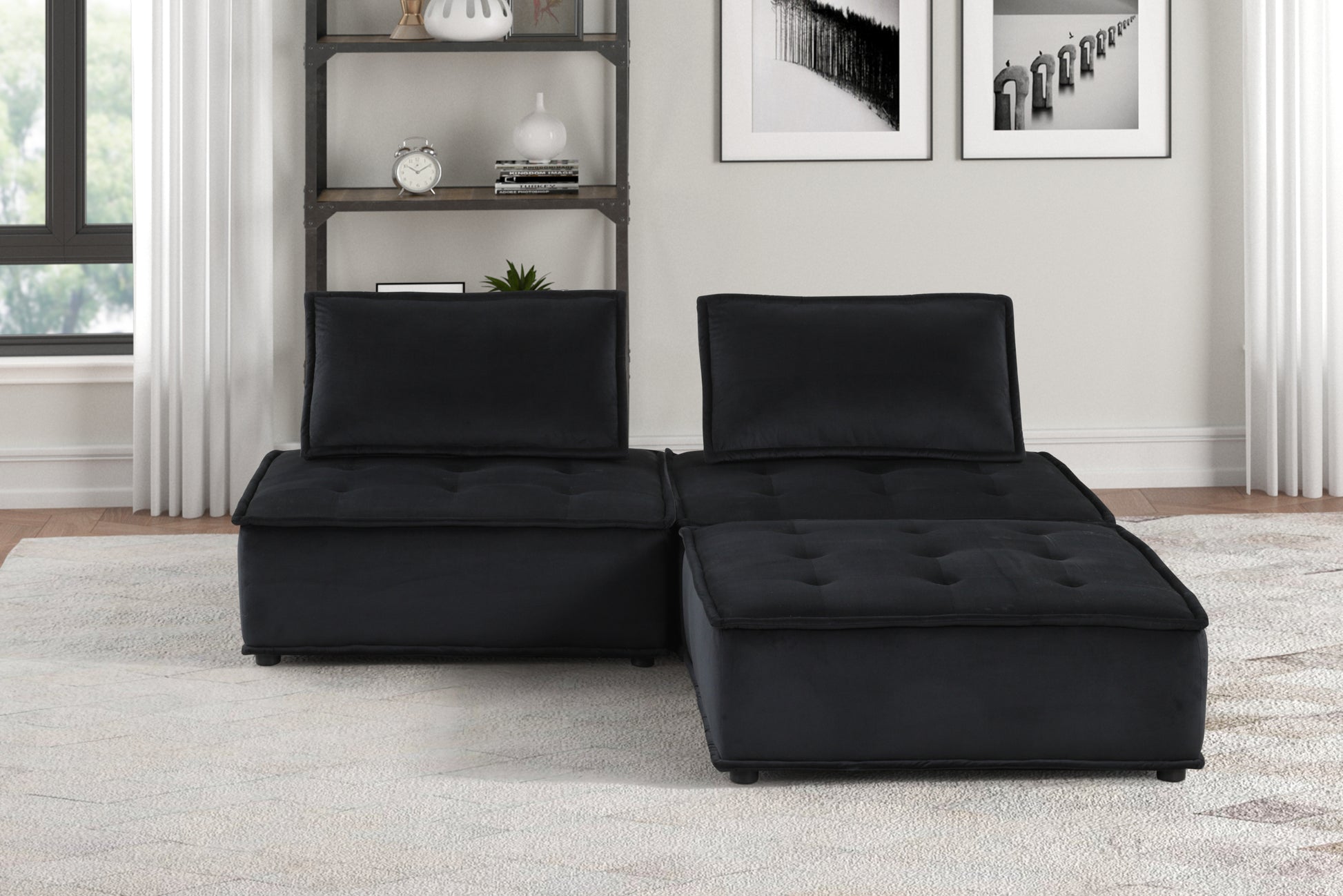 Anna 80" Black Velvet 3 Pc Sectional Sofa Ottoman Black Velvet