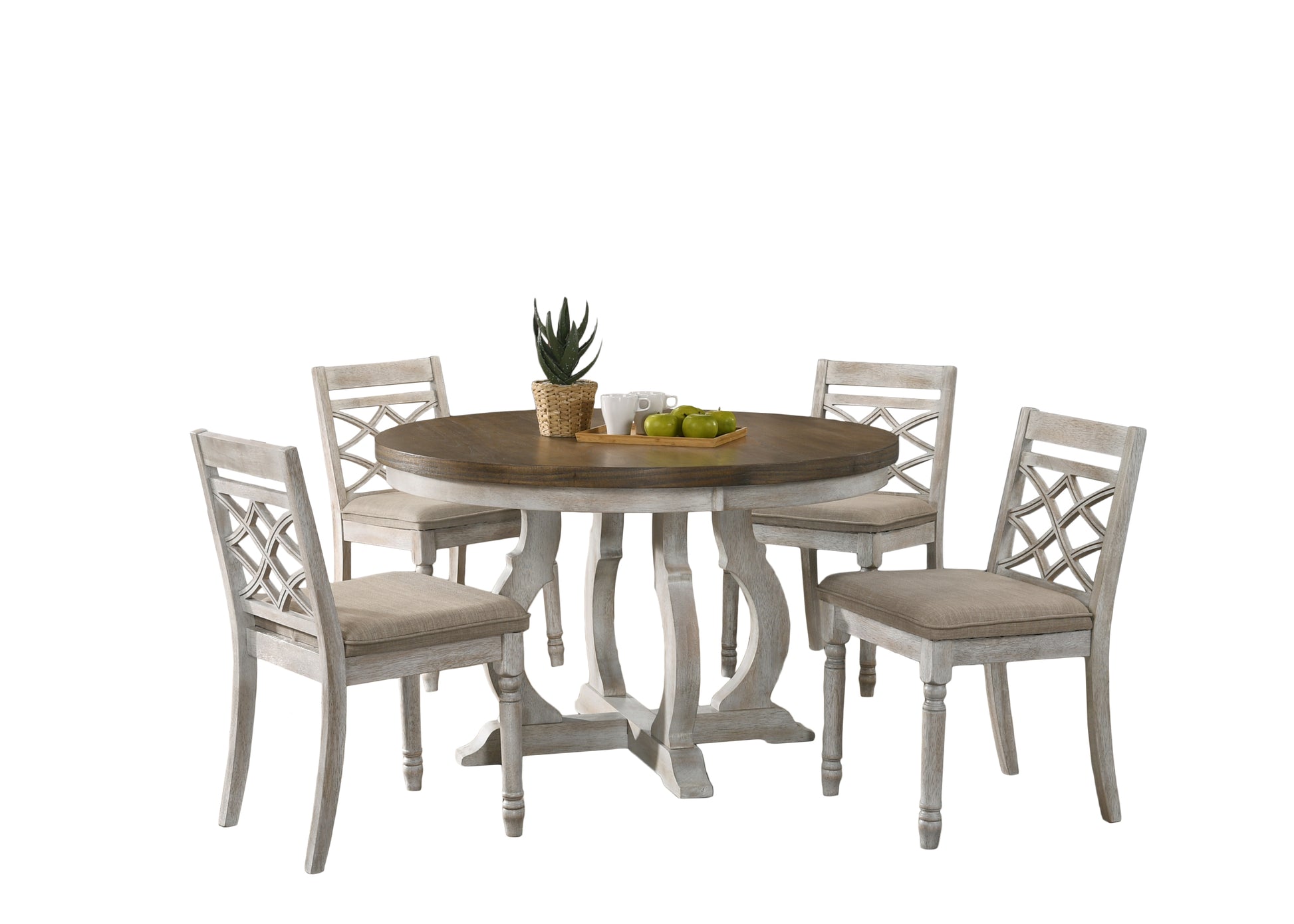 Havanna Vintage Walnut 5 Piece 47" Wide Contemporary Round Dining Table Set With Off White Fabric Chairs Off White Solid Wood Mdf