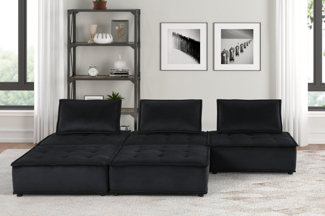 Anna 120" Black Velvet 5 Pc Sectional Sofa Ottoman Black Velvet