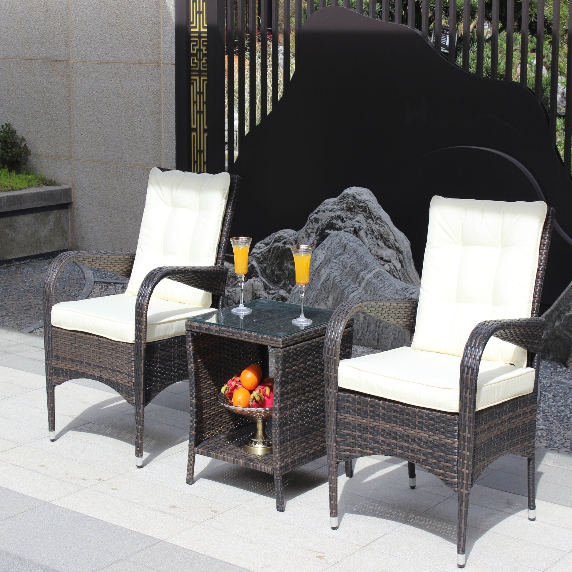 Outdoor Patio Furniture Sets 3 Piece Conversation Set Wicker Ratten Sectional Sofa With Seat Cushions Beige Cushion Brown Rattan