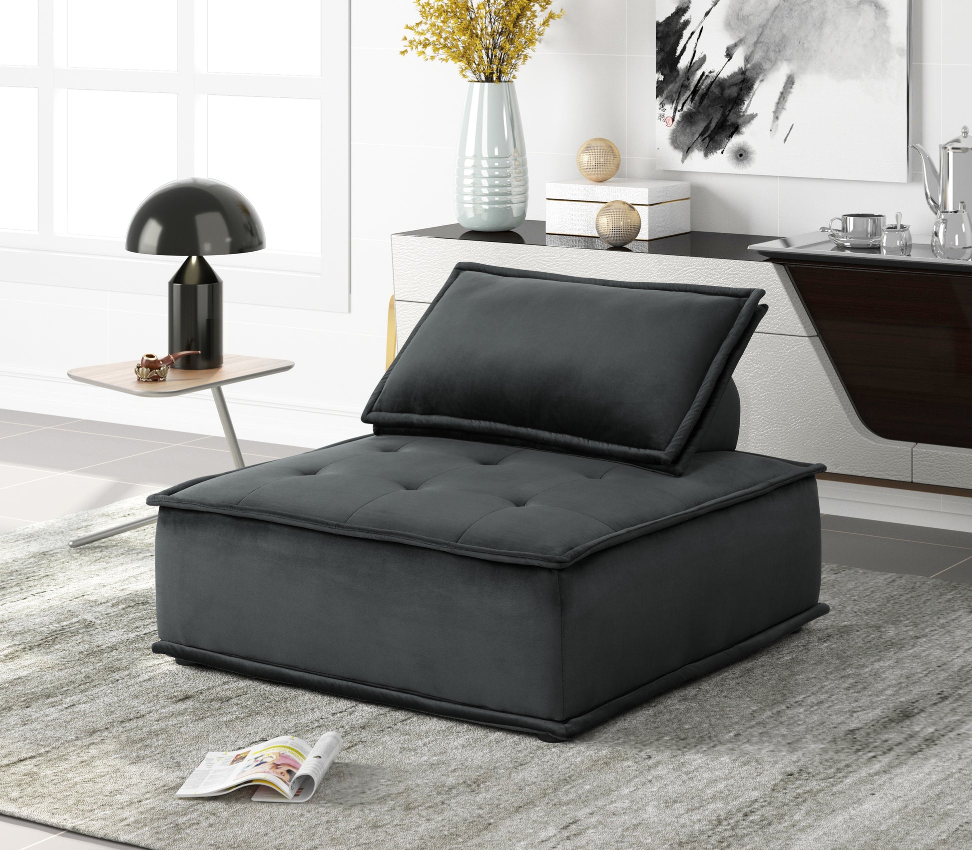 Anna 40" Black Velvet Armless Lounge Chair Black Velvet