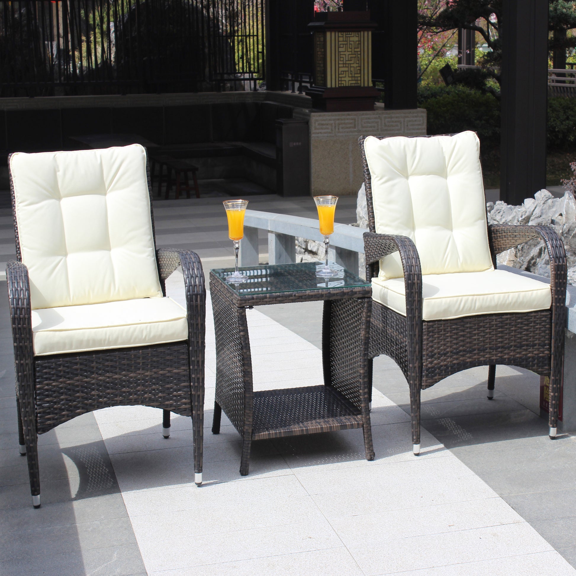 Outdoor Patio Furniture Sets 3 Piece Conversation Set Wicker Ratten Sectional Sofa With Seat Cushions Beige Cushion Brown Rattan