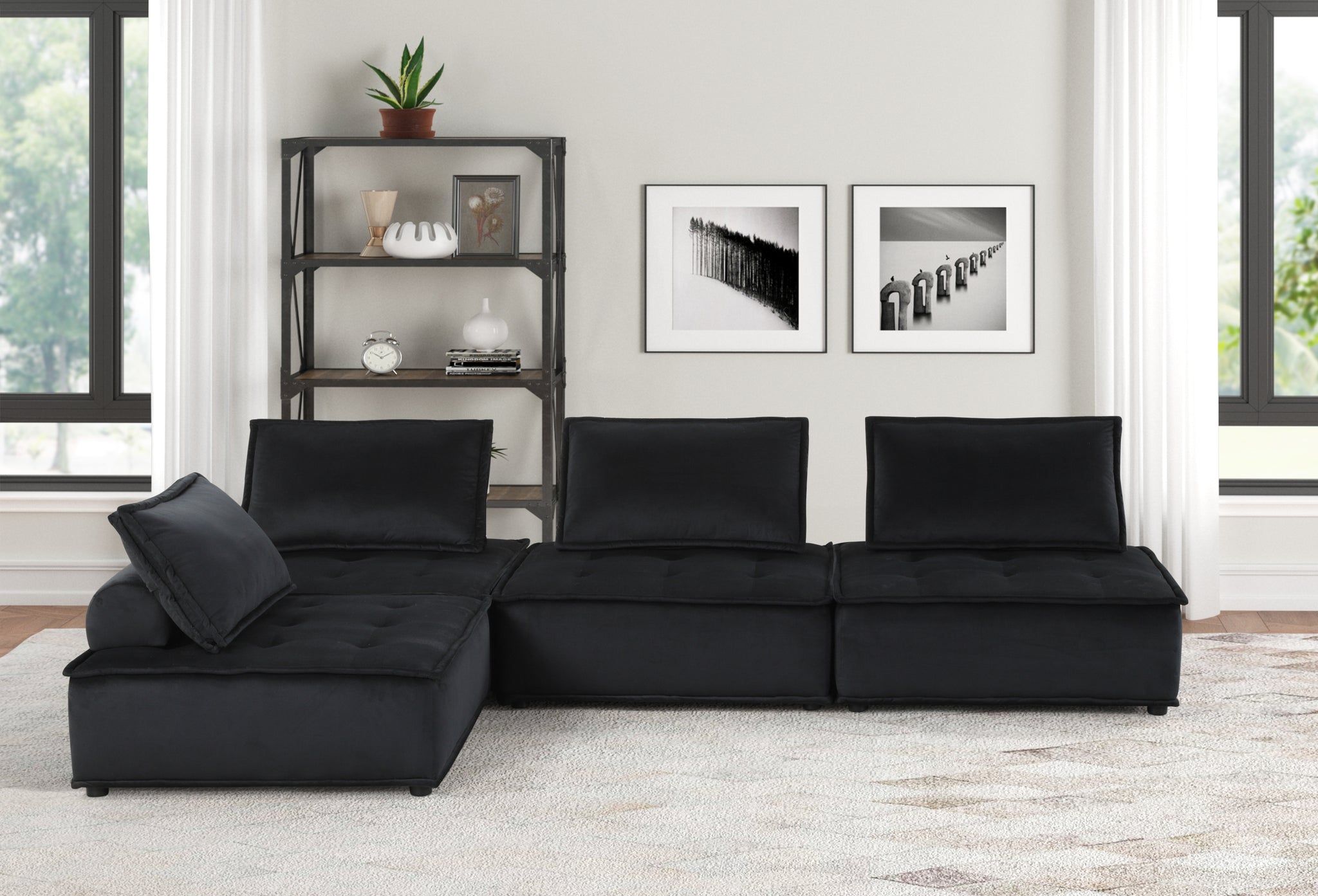 Anna 120" Black Velvet 4 Pc Sectional Sofa Black Velvet