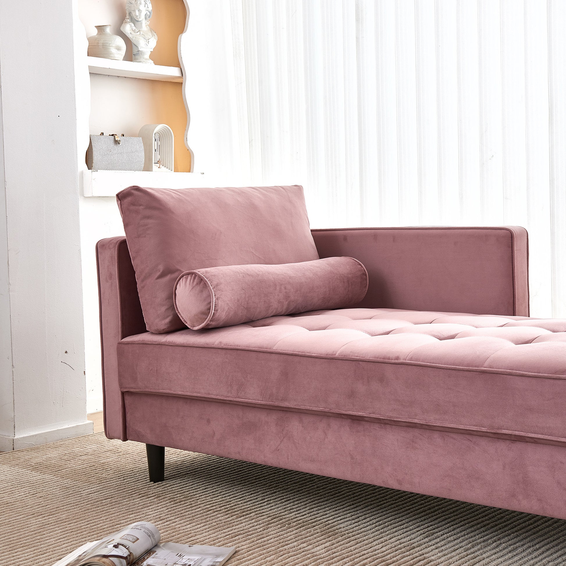 64" Velvet Chaise,Mid Century Modern Chaise Furniture,Sleeper For Living Room,Apartment,Tool Free Assembly. Pink Pink Foam Velvet
