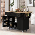 Kitchen Cart With Rubber Wood Drop Leaf Countertop ,Cabinet Door Internal Storage Racks,Kitchen Island On 5 Wheels With Storage Cabinet And 3 Drawers For Dinning Room, Black Black Mdf