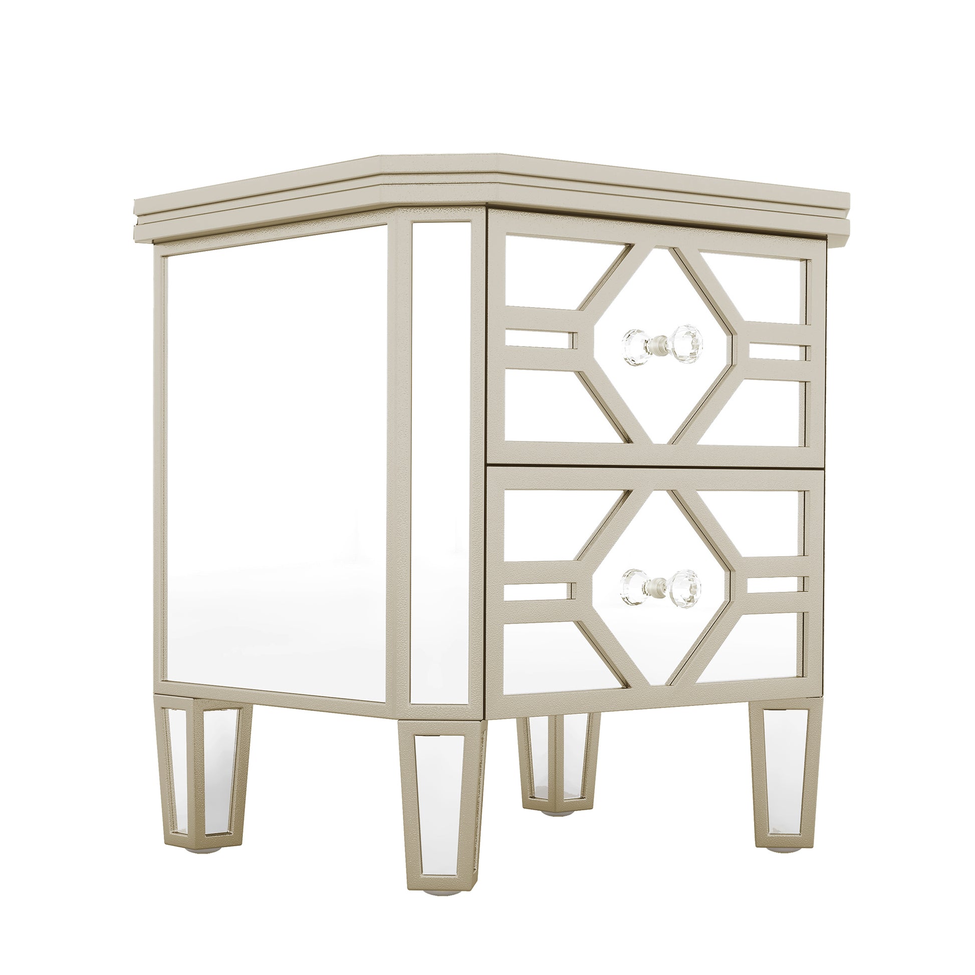 Elegant Mirrored 2 Drawer Side Table With Golden Lines For Living Room, Hallway, Entryway Silver Glass