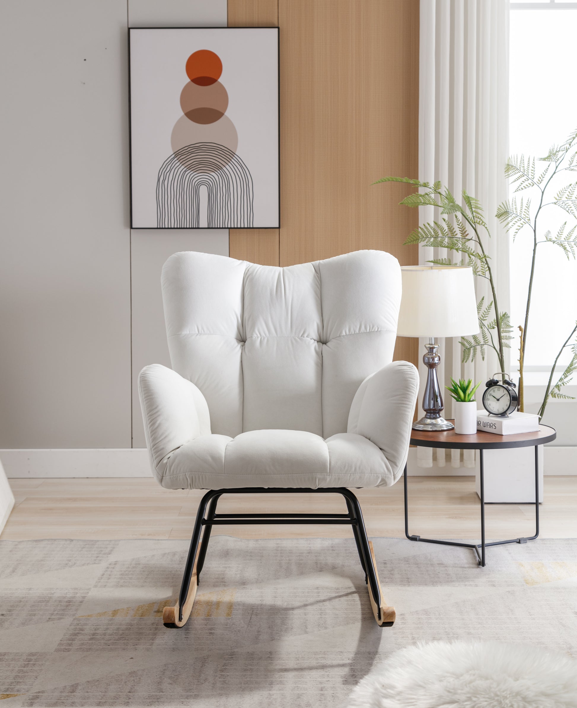 Mid Century Modern Velvet Tufted Upholstered Rocking Chair Padded Seat For Living Room Bedroom, White White Foam Velvet