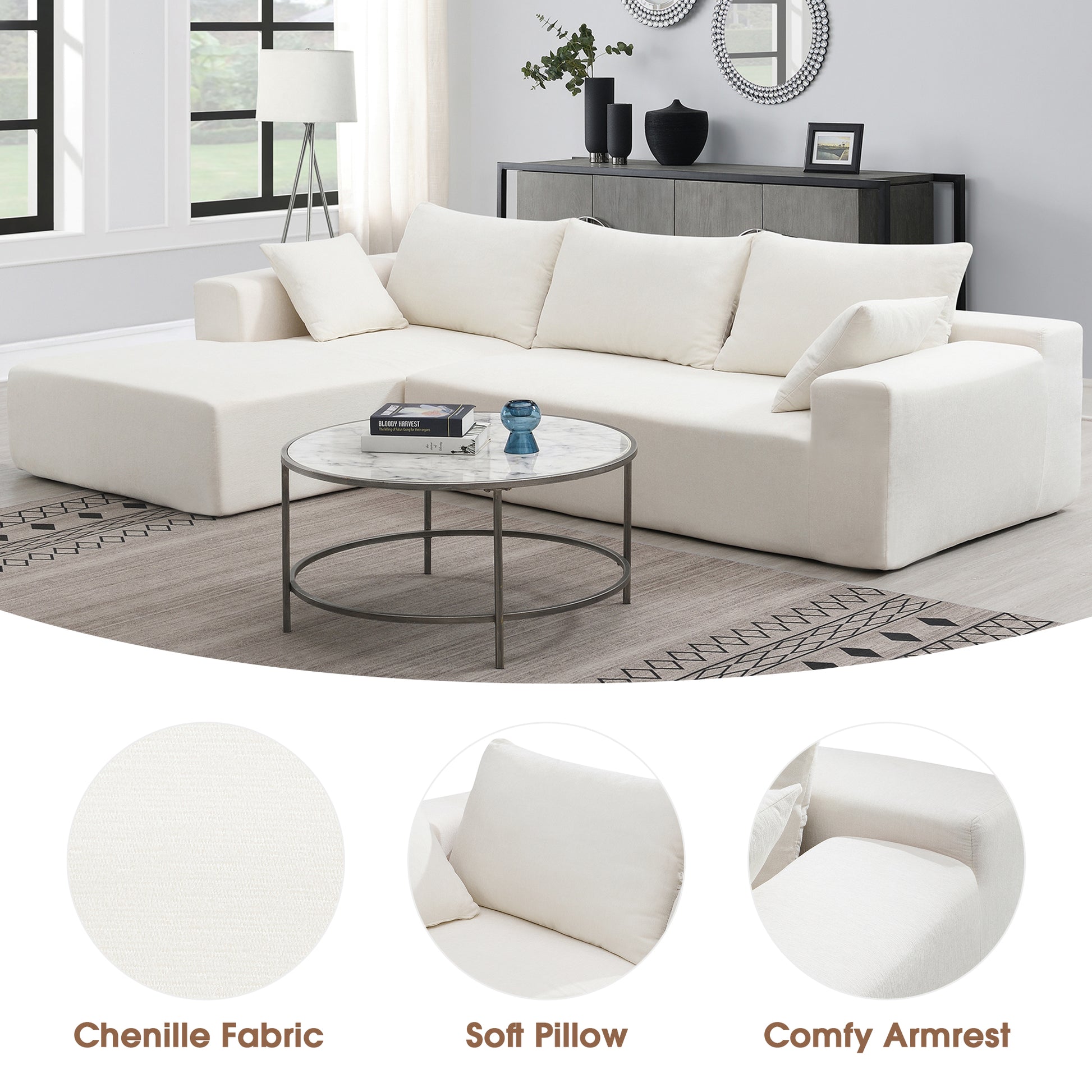 109*68" Modular Sectional Living Room Sofa Set, Modern Minimalist Style Couch, Upholstered Sleeper Sofa For Living Room, Bedroom, Salon, 2 Pc Free Combination, L Shape, Cream Cream Foam Chenille 4 Seat