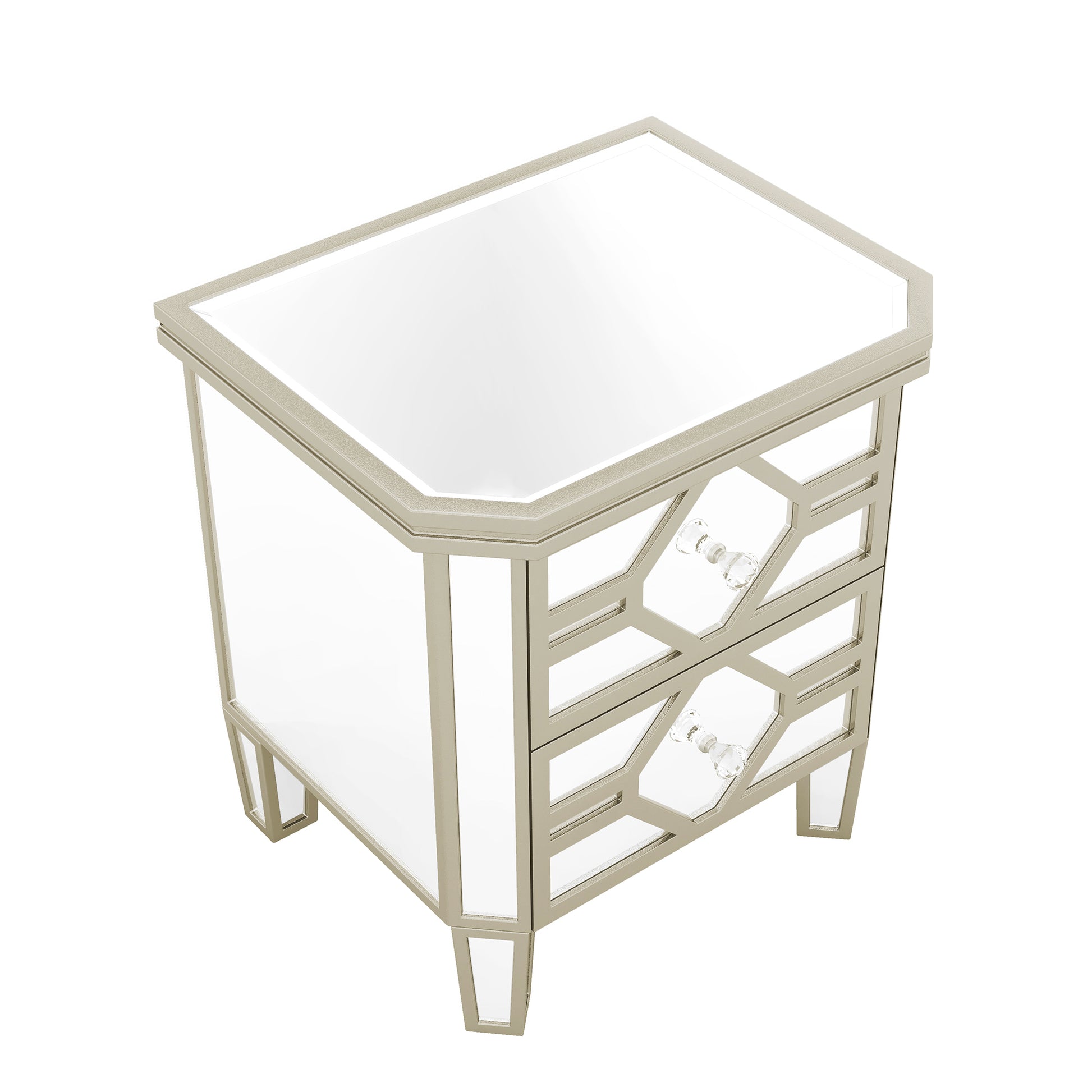 Elegant Mirrored 2 Drawer Side Table With Golden Lines For Living Room, Hallway, Entryway Silver Glass