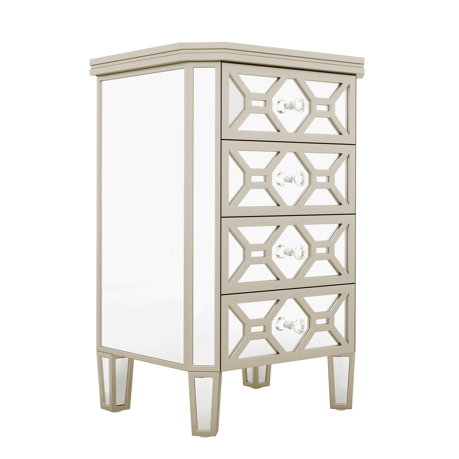 Elegant Mirrored 4 Drawer Chest With Golden Lines Storage Cabinet For Living Room, Hallway, Entryway Silver Glass