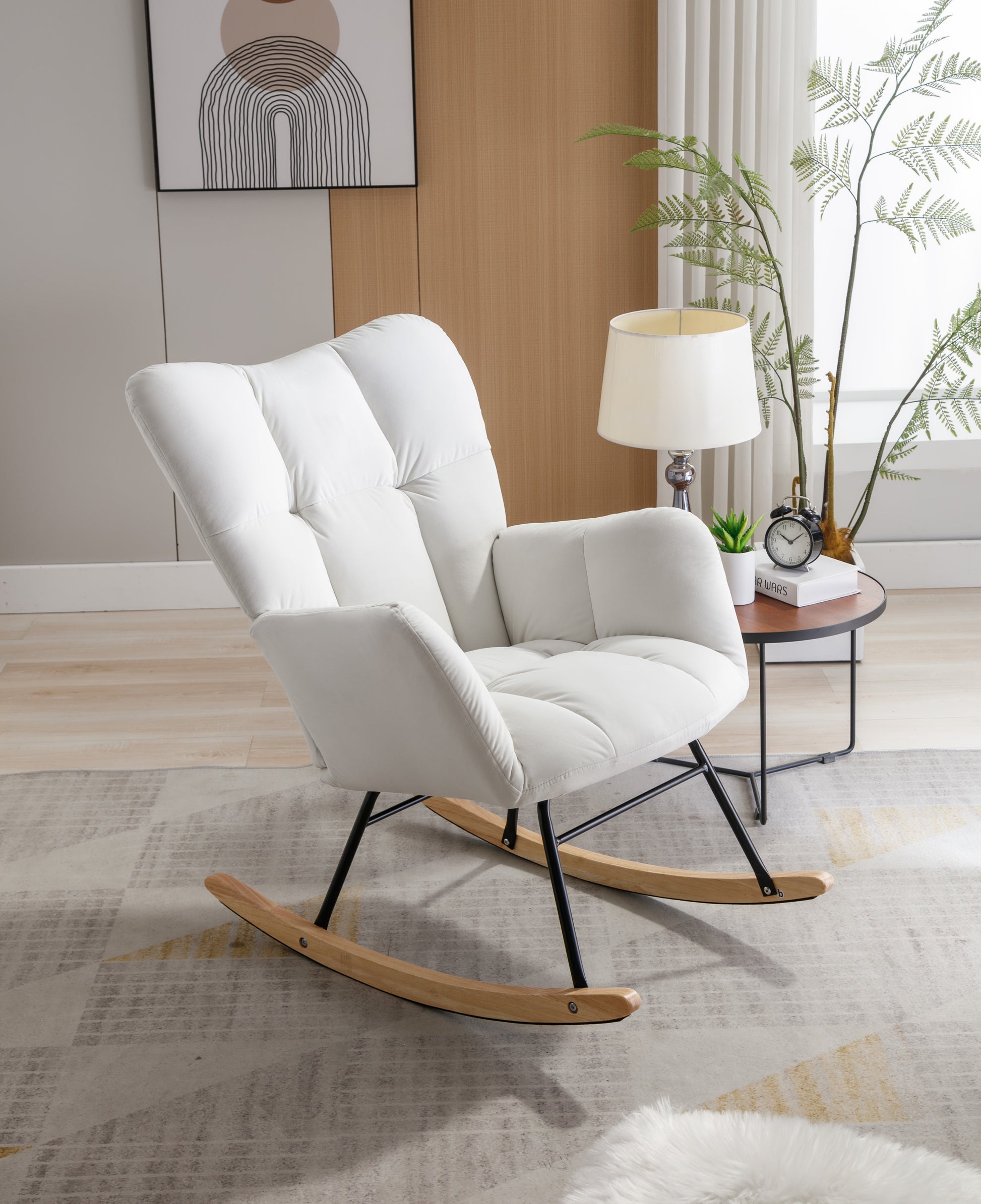 Mid Century Modern Velvet Tufted Upholstered Rocking Chair Padded Seat For Living Room Bedroom, White White Foam Velvet
