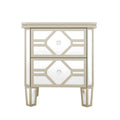 Elegant Mirrored 2 Drawer Side Table With Golden Lines For Living Room, Hallway, Entryway Silver Glass