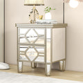 Elegant Mirrored 2 Drawer Side Table With Golden Lines For Living Room, Hallway, Entryway Silver Glass