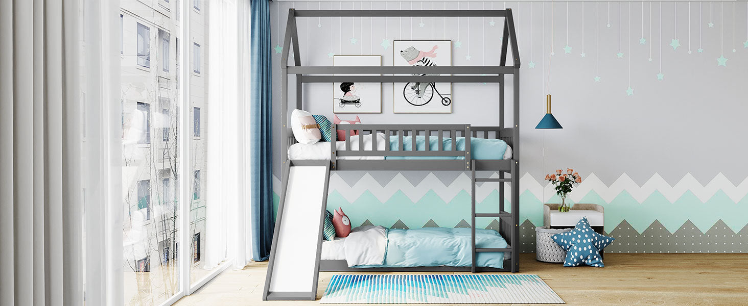 Twin Over Twin Bunk Bed With Slide, House Bed With Slide, Gray Old Sku: Lt000213Aae Gray Solid Wood