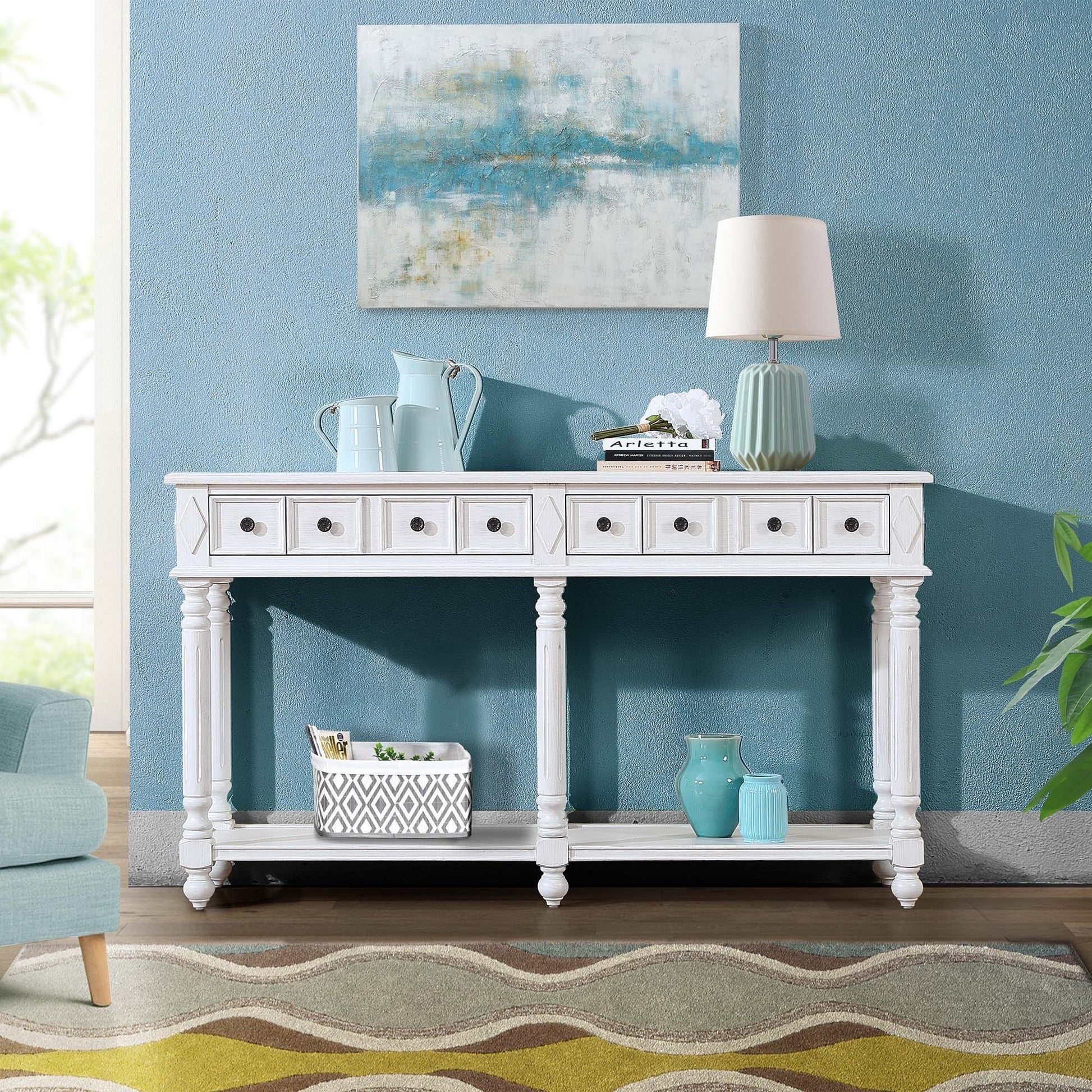 Retro Console Table Entryway Table 58" Long Sofa Table With 2 Drawers In Same Size And Bottom Shelf For Storage Antique White Antique White Solid Wood