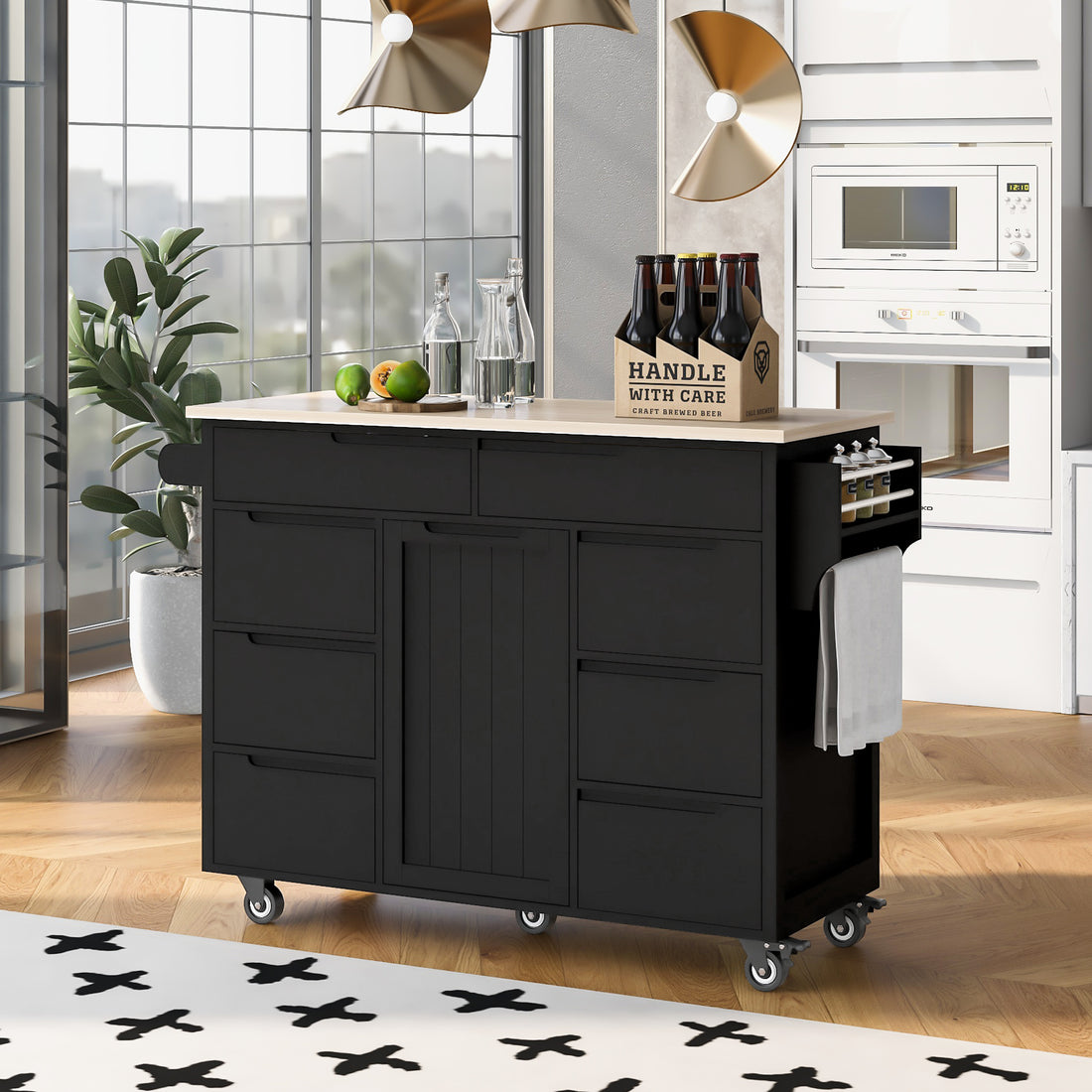 Kitchen Cart With Rubber Wood Countertopkitchen Island Has 8 Handle Free Drawers Including A Flatware Organizer And 5 Wheels For Kitchen Dinning Room, Black Black Mdf