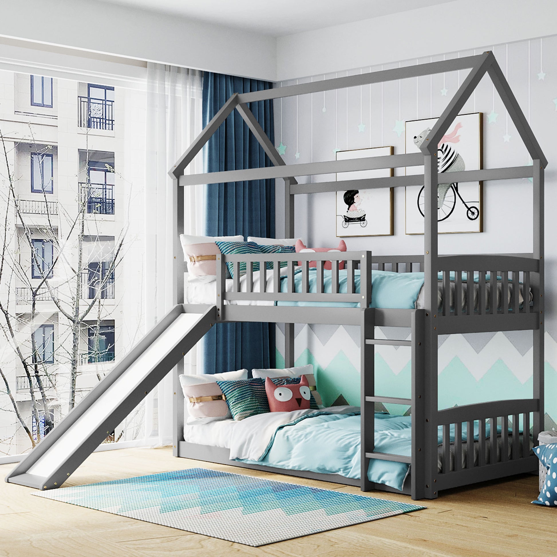 Twin Over Twin Bunk Bed With Slide, House Bed With Slide, Gray Old Sku: Lt000213Aae Gray Solid Wood