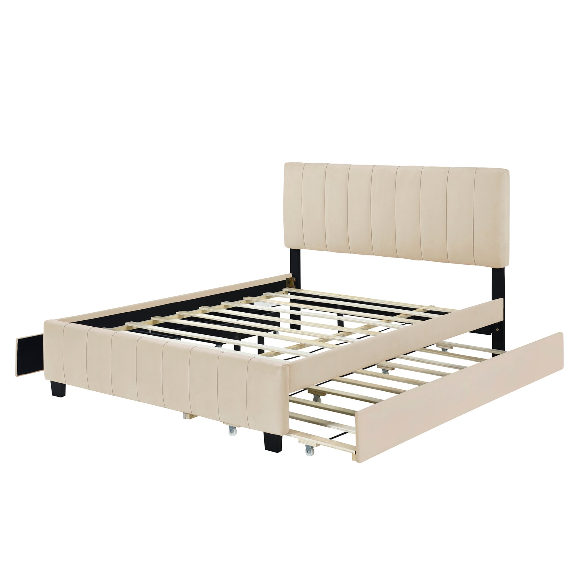 Queen Size Velvet Upholstered Platform Bed With 2 Drawers And 1 Twin Xl Trundle Beige Beige Upholstered