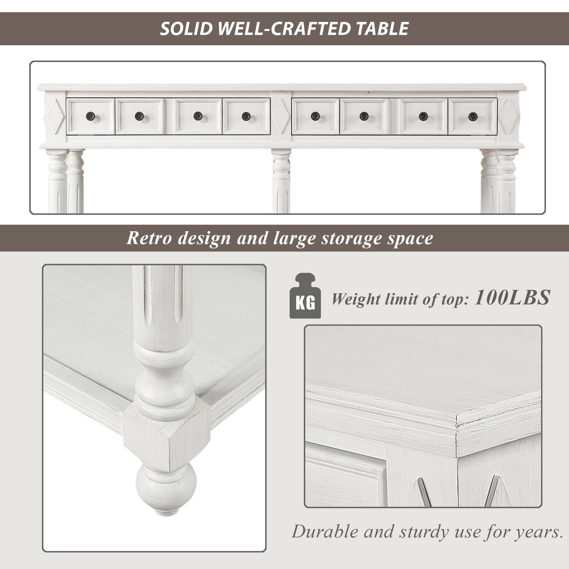 Retro Console Table Entryway Table 58" Long Sofa Table With 2 Drawers In Same Size And Bottom Shelf For Storage Antique White Antique White Solid Wood