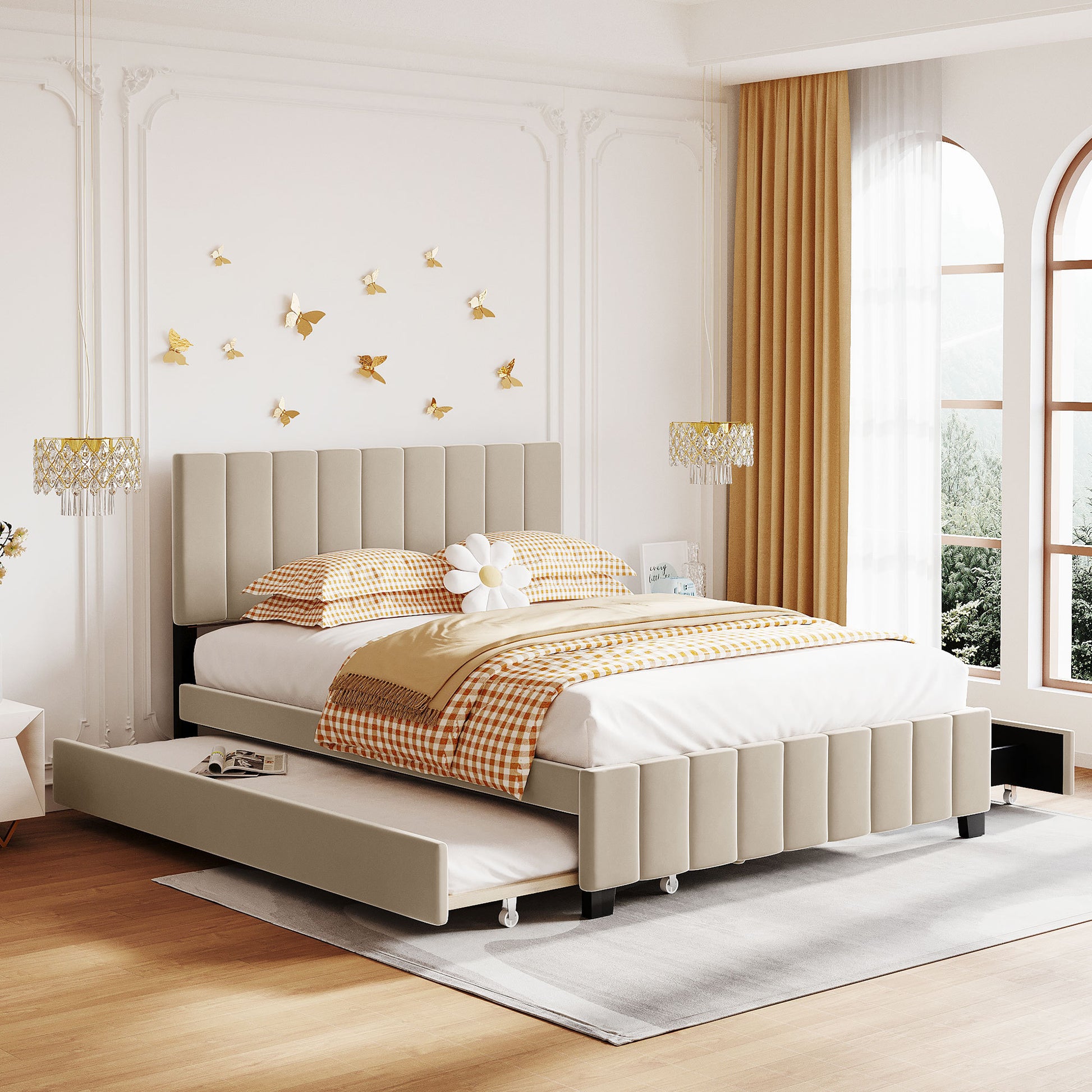 Queen Size Velvet Upholstered Platform Bed With 2 Drawers And 1 Twin Xl Trundle Beige Beige Upholstered