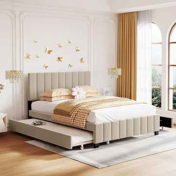 Queen Size Velvet Upholstered Platform Bed With 2 Drawers And 1 Twin Xl Trundle Beige Beige Upholstered